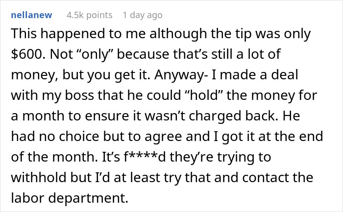 Screenshot of a comment discussing a server not receiving a $600 tip, mentioning agreement with the boss. Screenshot of a comment discussing a server not receiving a $600 tip, mentioning agreement with the boss.