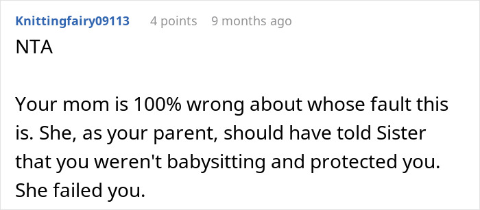 Comment criticizing a parent for not supporting a teen prioritizing future over babysitting.