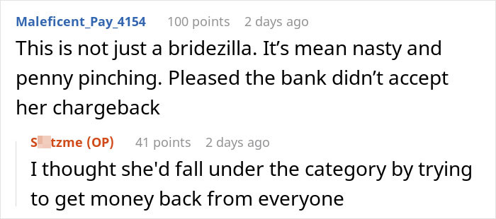 Reddit comments discussing a bridezilla trying to get refunds after her wedding.