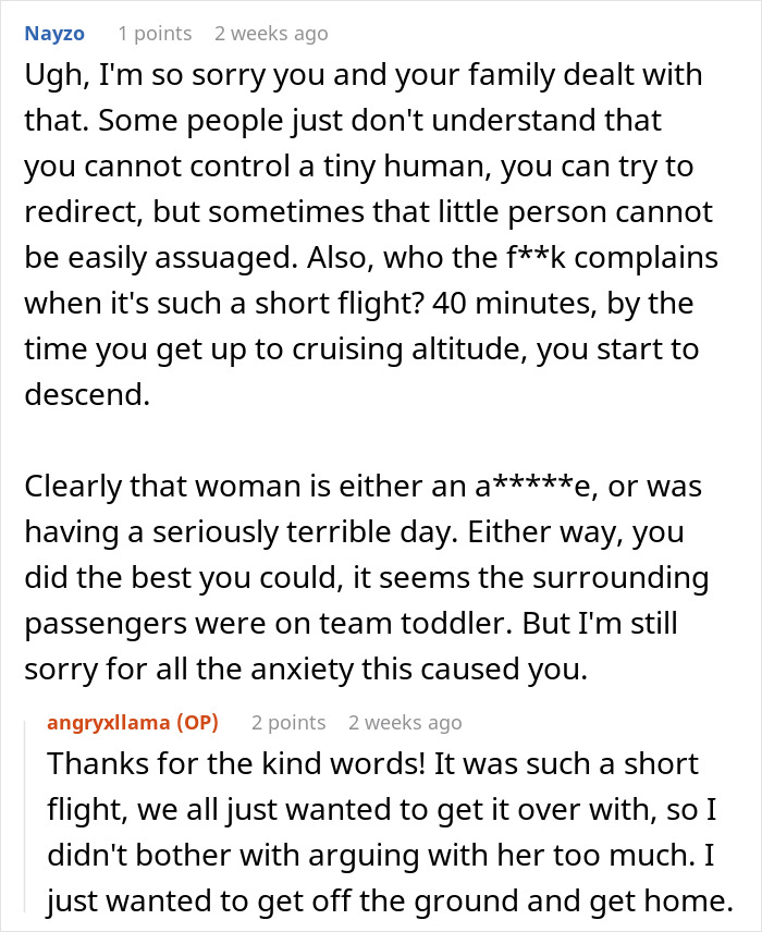 Reddit comments discussing an angry lady on a plane upset about an "obnoxious" toddler. Reddit comments discussing an angry lady on a plane upset about an "obnoxious" toddler.