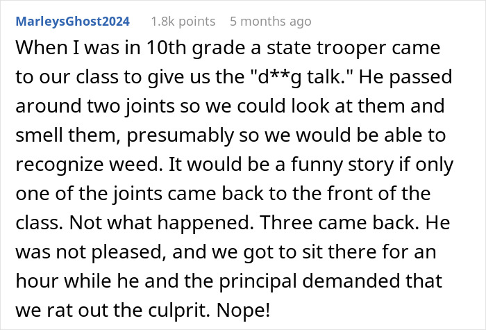 A text post about a school incident involving a state trooper and students, humorously recounting an unexpected outcome.