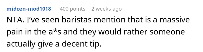 Comment on a forum about a customer refusing to continue a pay-it-forward chain, mentioning baristas' preferences.