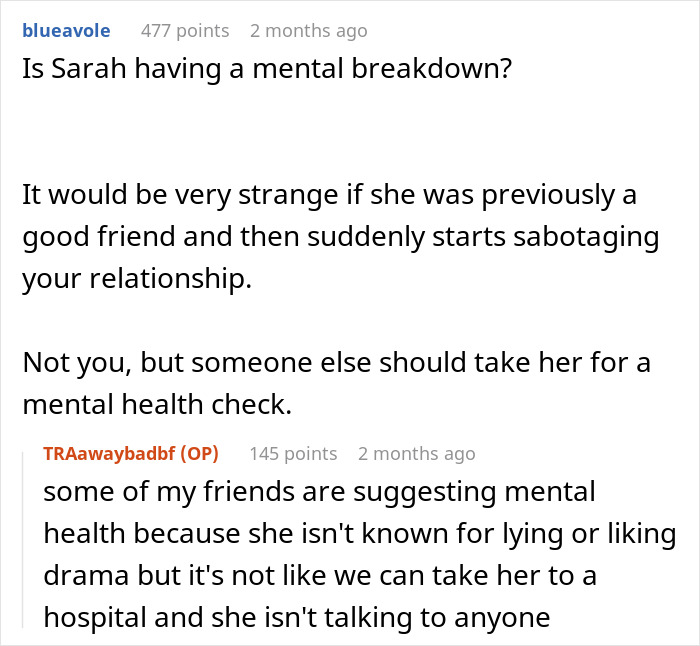 Discussion about a friend possibly sabotaging a marriage with a lie on an online forum, featuring mental health concerns. Discussion about a friend possibly sabotaging a marriage with a lie on an online forum, featuring mental health concerns.