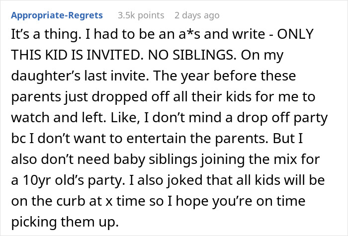 Text post about a parent's experience with RSVPs and unwanted siblings at a child's party.