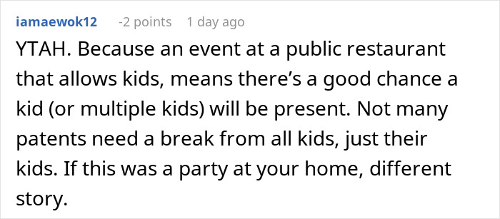 Text comment discussing a child-free birthday dinner at a public restaurant.