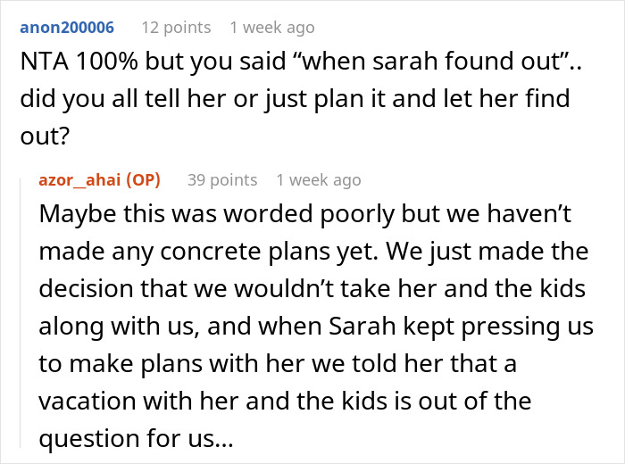 Reddit discussion about child-free vacation plans causing friendship issues.