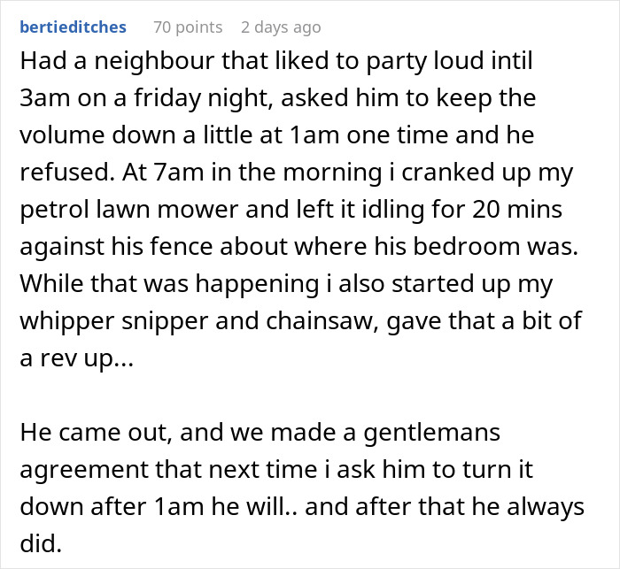 Text describing a neighbor's loud party and a noisy morning revenge, relating to hotel room neighbors.