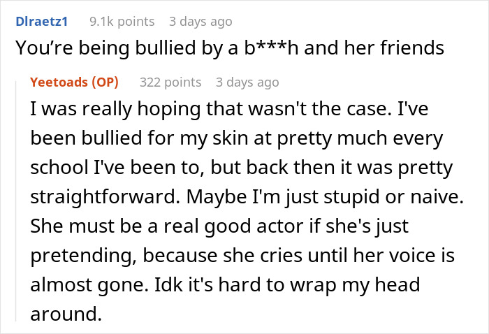 Comments discussing bullying related to student's acne issues.