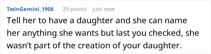 Comment responding to a name dispute, involving baby names inspired by Bridgerton characters George and Charlotte.