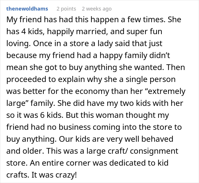Text description of a complaint about a woman upset over a large family's presence in a store, mentioning a craft consignment shop.