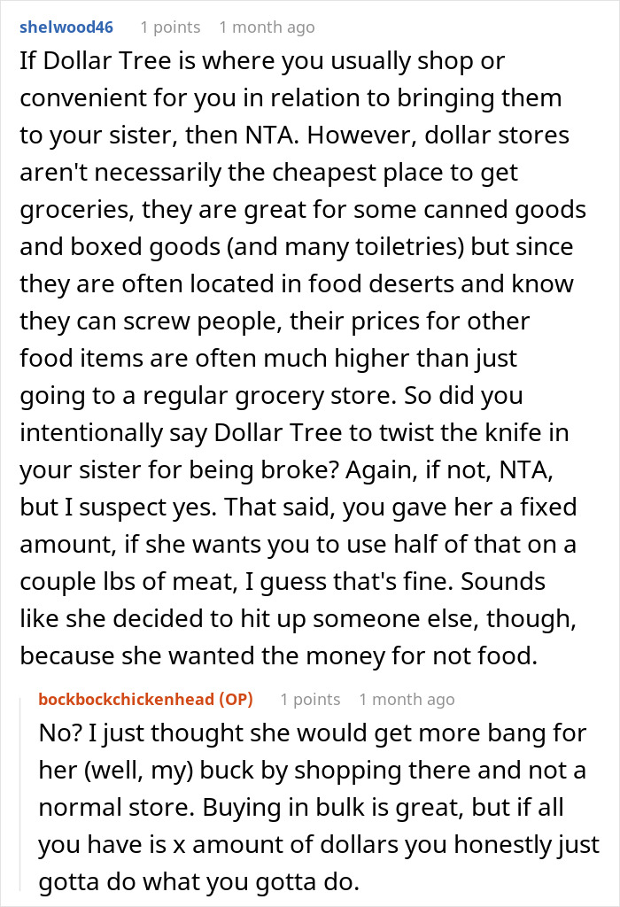 Reddit discussion about offering to buy groceries for a sister from Dollar Tree.