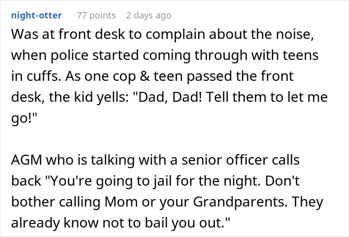 Text description of loud hotel neighbors arrested after party disturbance.