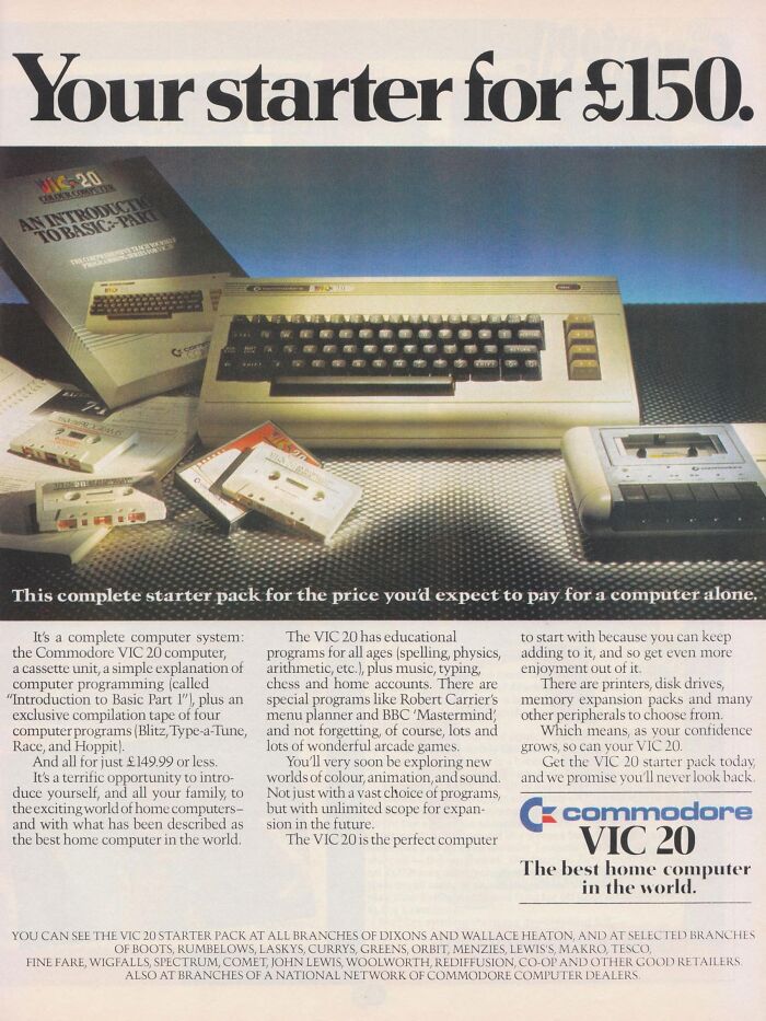 Vintage-Commercials: Commodore VIC 20 computer with keyboard, cassette tapes, and manual on display, promoting a £150 starter pack.