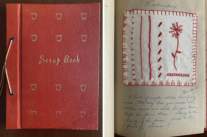 Red vintage scrapbook and an embroidery sample, showcasing cool old things.