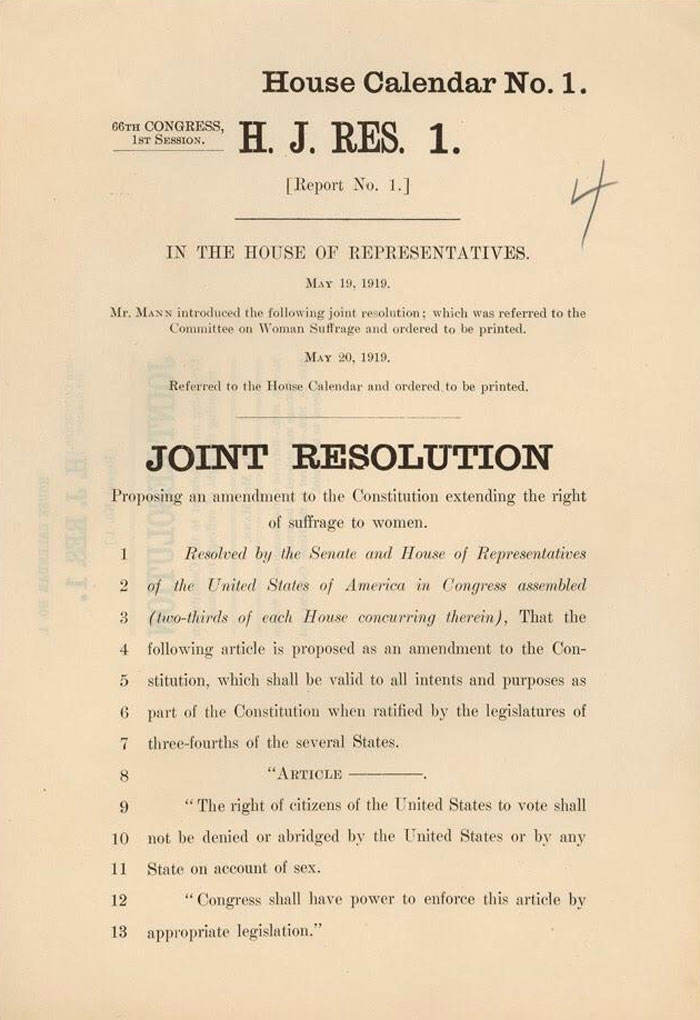 Vintage legislative document proposing women's suffrage amendment, showcasing cool-old-things from early 20th century America.