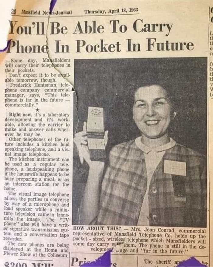 Newspaper article showcasing early mobile phone concept, with a woman holding a prototype. Cool-Old-Things.