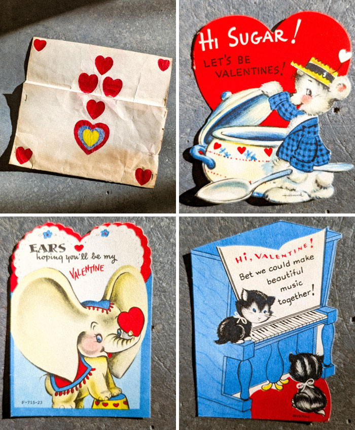 Vintage Valentine's Day cards with playful designs and characters, representing cool-old-things.