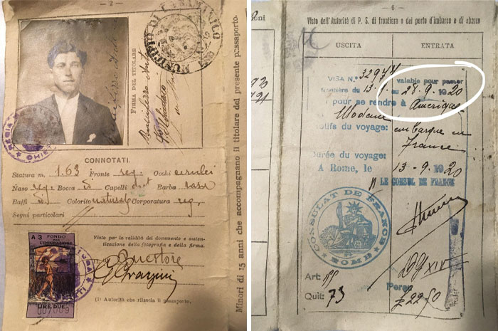 Old passport pages showing a black-and-white portrait and stamps, illustrating vintage travel documents. Cool-old-things.