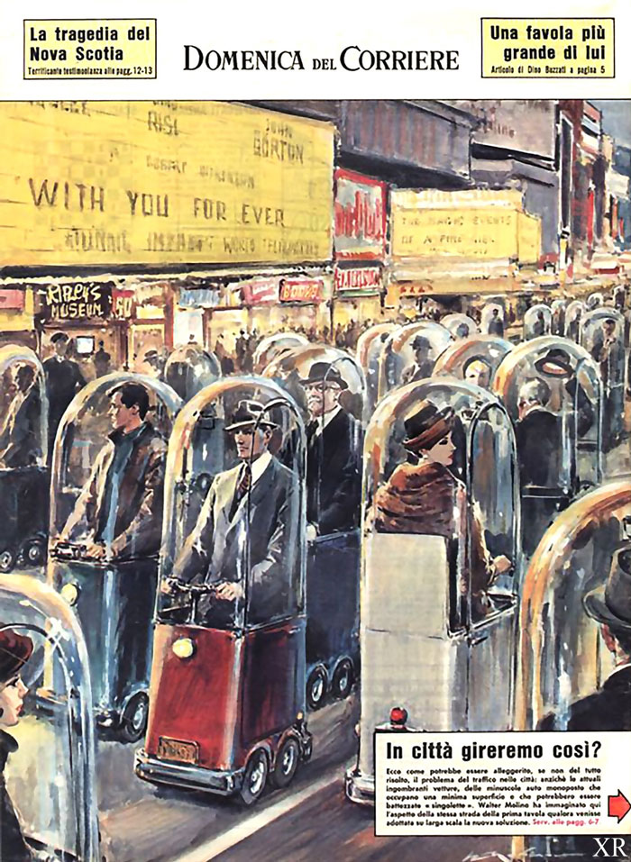Vintage illustration of people in individual mini-cars with domes on a city street; a depiction of cool-old-things.