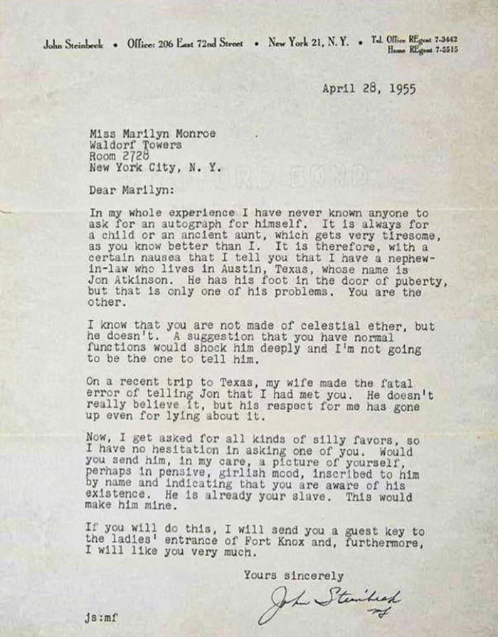 Letter from John Steinbeck to Marilyn Monroe, dated April 28, 1955, showcasing Cool-Old-Things.