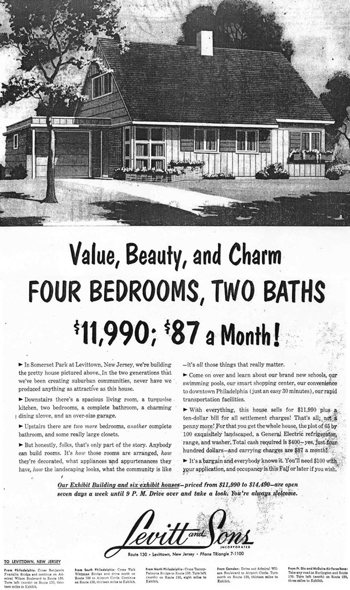 Cool-Old-Things: Vintage Levittown house advertisement featuring a classic suburban home with trees, promoting affordability and charm.
