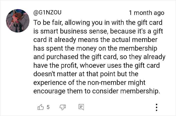 A comment discussing a Costco shopping hack about using gift cards to enter without membership.