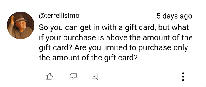 Comment screenshot questioning Costco shopping hacks with a gift card limit.