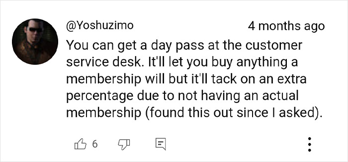 Comment discussing Costco shopping hack of using a day pass with an extra fee.