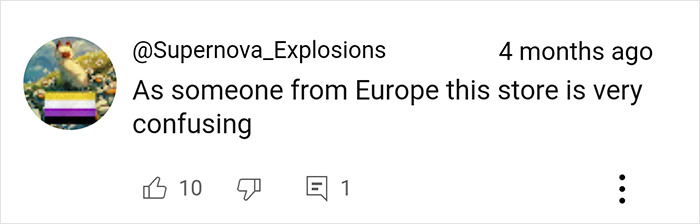 Comment about Costco store being confusing for someone from Europe, highlighting shopping differences.