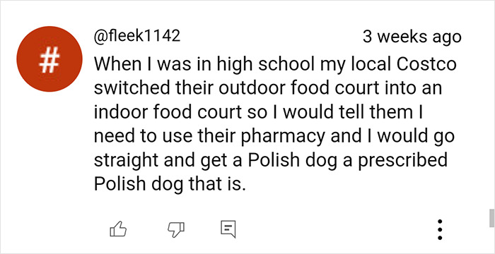 Comment about a Costco food court hack, mentioning getting a Polish dog.