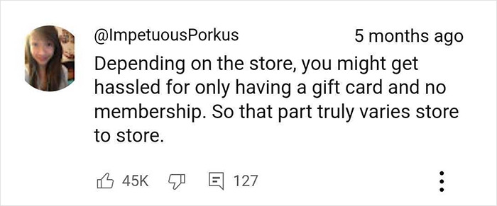 Comment discussing Costco shopping hacks about gift cards and membership variations.
