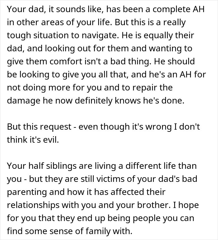 Text discussing complex family dynamics and relationships with half-siblings involved. Text discussing complex family dynamics and relationships with half-siblings involved.