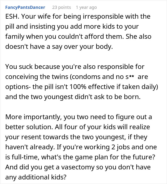 Text critique regarding dad refusing to help with newborn twins due to vasectomy disagreement.