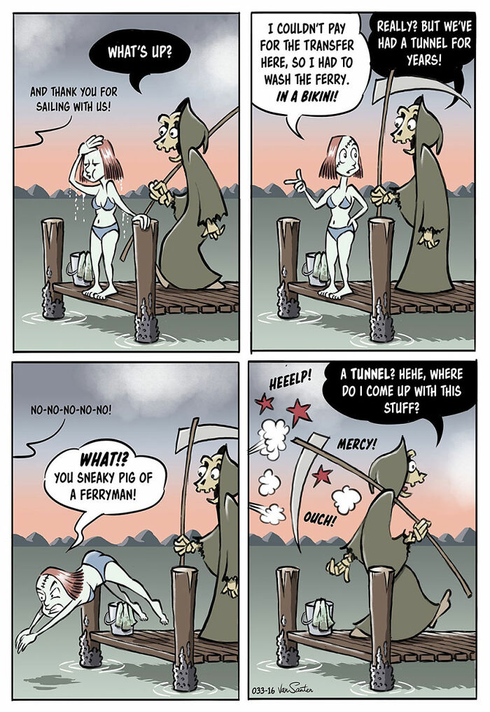 Comic featuring death humorously interacting with a woman at a ferry dock, highlighting afterlife themes.