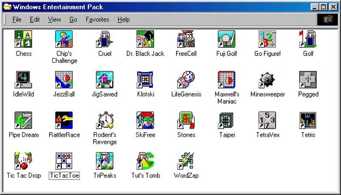 Icon grid from nostalgic old computer game quiz showing Windows Entertainment Pack games like Chess and Minesweeper.