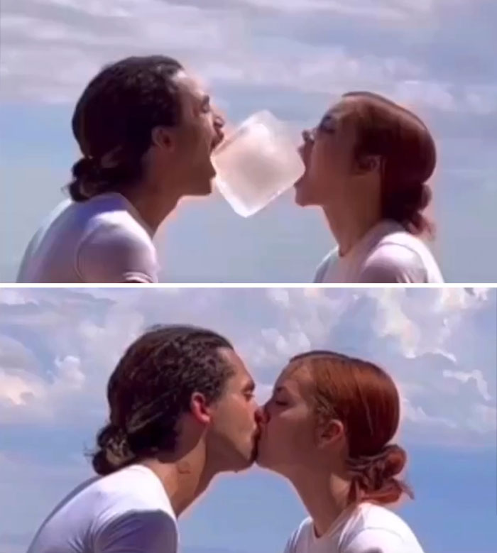 Two people sharing a block of ice between their mouths, followed by kissing, highlighting the strange nature of the internet.