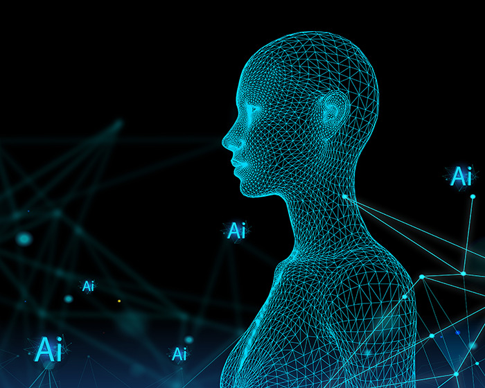 Digital human silhouette with "AI" text, representing artificial intelligence technology.