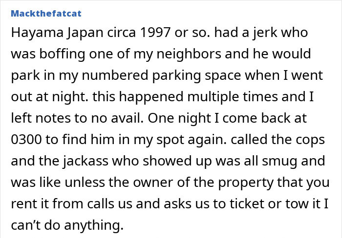 Text narrating a personal story about parking issues in Hayama Japan. Text narrating a personal story about parking issues in Hayama Japan.