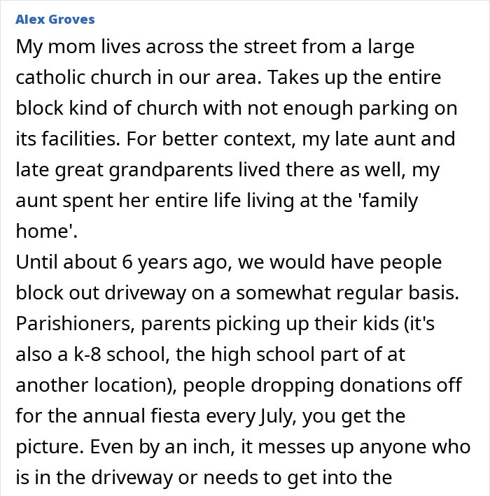 Text describing parking issues near a church, mentioning driveway blockages by entitled individuals. Text describing parking issues near a church, mentioning driveway blockages by entitled individuals.