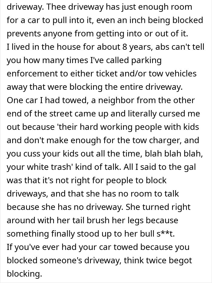 Text describing entitled individuals blocking a driveway and facing consequences for blocking an ambulance. Text describing entitled individuals blocking a driveway and facing consequences for blocking an ambulance.