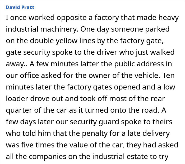 Text about a car blocking a factory gate, leading to a hefty penalty. Text about a car blocking a factory gate, leading to a hefty penalty.