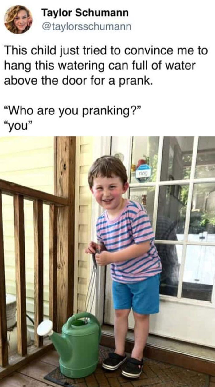 Child planning prank with watering can, smiling on porch. Dumb-Clueless-Kids moment.