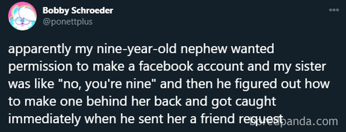 A humorous tweet about a child's Facebook account attempt, highlighting clueless kids' digital adventures.