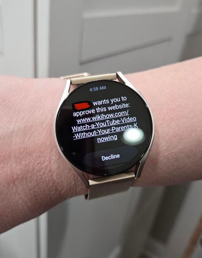Smartwatch notification displaying a questionable request, illustrating dumb-clueless-kids' actions online.