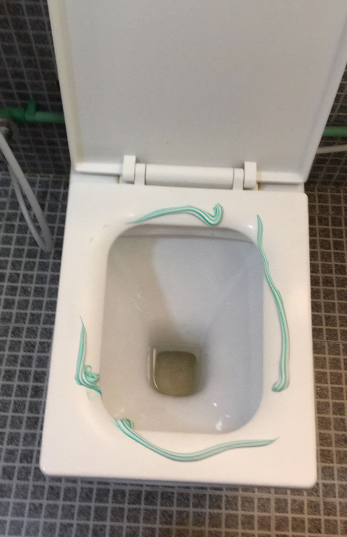 Toilet seat with toothpaste smeared around the rim, illustrating a clueless mistake made by kids.