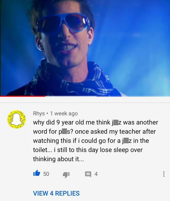 A person with sunglasses next to a funny comment about a childhood misunderstanding.