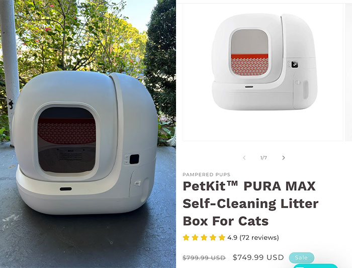 Self-cleaning litter box found during dumpster diving, priced at $550, shown outdoors and in product listing.