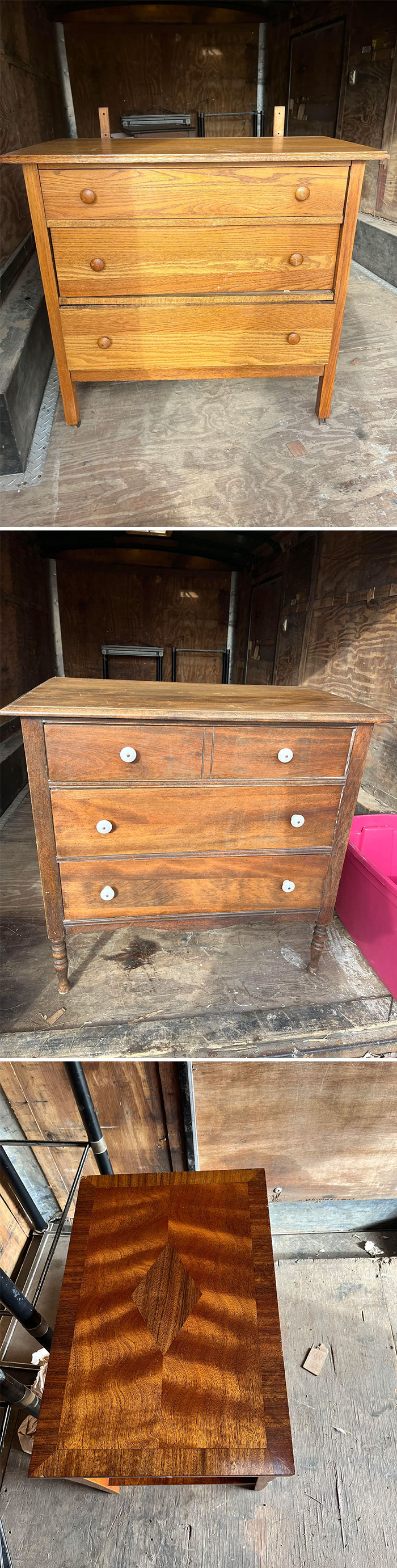 Vintage wooden furniture found while dumpster diving, showcasing two dressers and a detailed tabletop.
