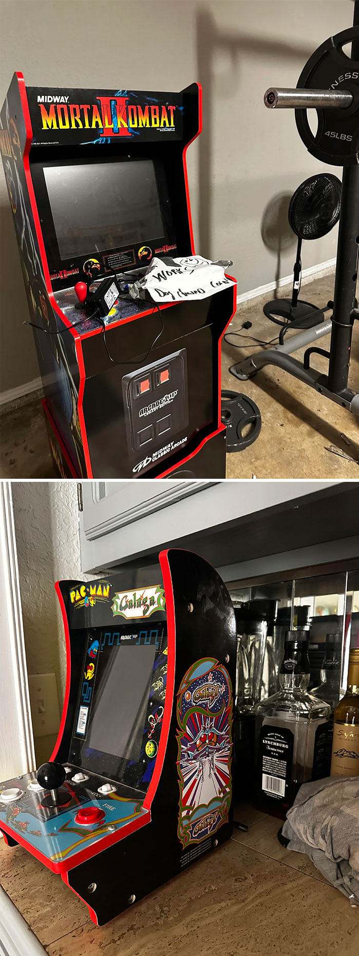 Arcade cabinets found while dumpster diving, featuring Mortal Kombat and Pac-Man games.