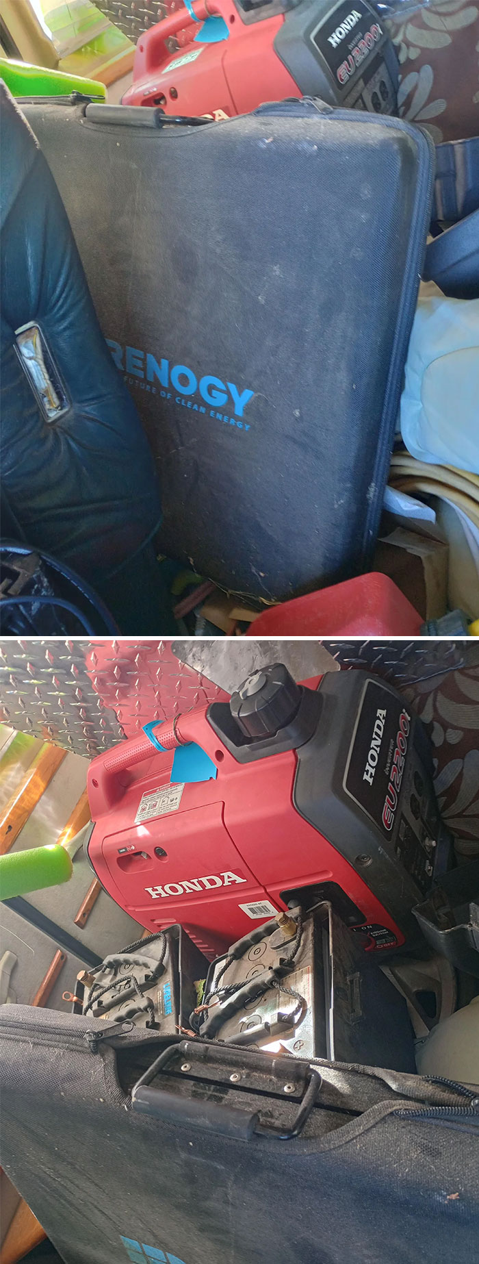 Honda generator and Renogy gear found while dumpster diving, showcasing unexpected valuables.